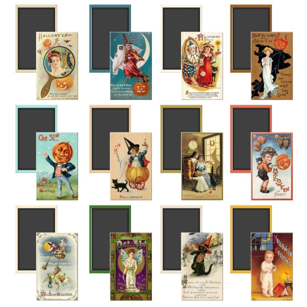 Set of 12 Vintage Antique Halloween Greeting Card Images Fridge Magnets 2 x 3